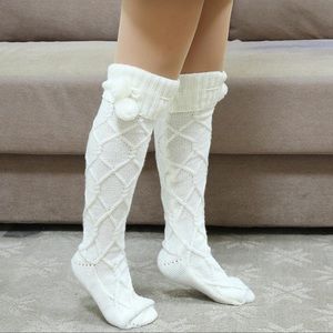 Over the knee cable knit pom pom socks